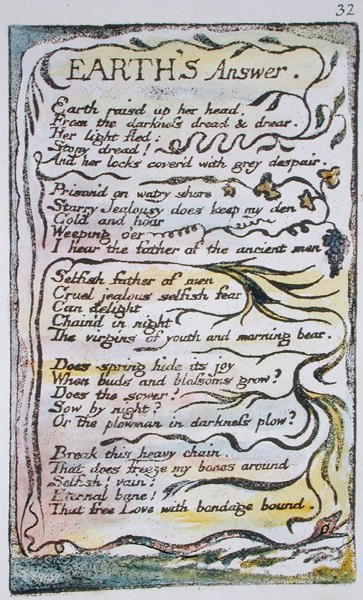 Earths Answer, deska 32 (Bentley 31) z Songs of Innocence and of Experience (Bentley Copy L) 1789-94 (reliéfní lept s perem a wc) od William Blake