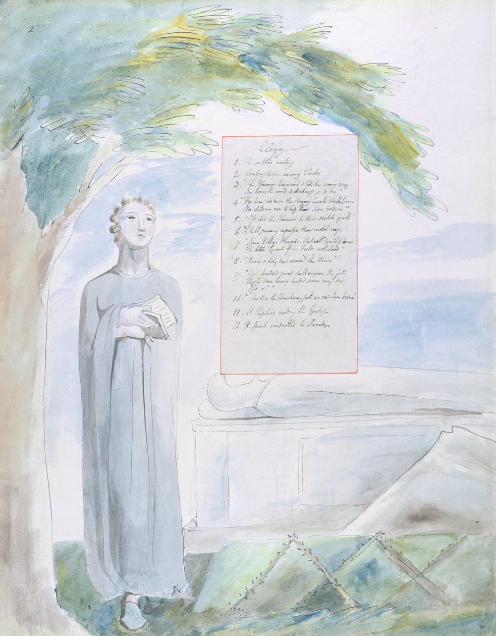 Elegie napsaná v Country Church-Yard, design 106 z The Poems of Thomas Gray, 1797-98 (wc s perem a inkoustem na papíře) od William Blake