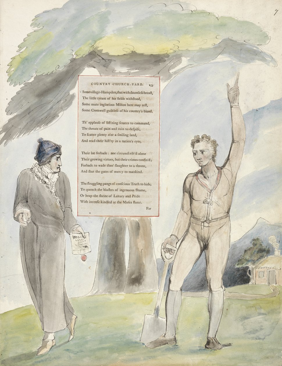 Elegie napsaná v Country Church-Yard, design 111 z The Poems of Thomas Gray, 1797-98 (wc s perem a inkoustem na papíře) od William Blake