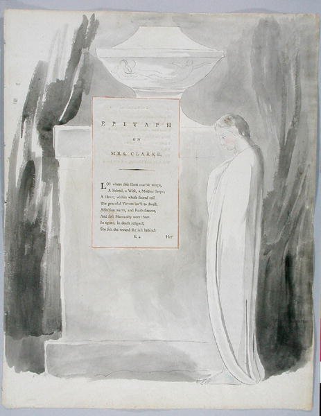 Epitaf na paní Clarke, návrh 103 z The Poems of Thomas Gray, 1797-98 (wc s perem a inkoustem na papíře) od William Blake