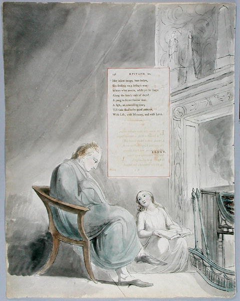 Epitaf na paní Clarke, návrh 104 z The Poems of Thomas Gray, 1797-98 (wc s perem a inkoustem na papíře) od William Blake