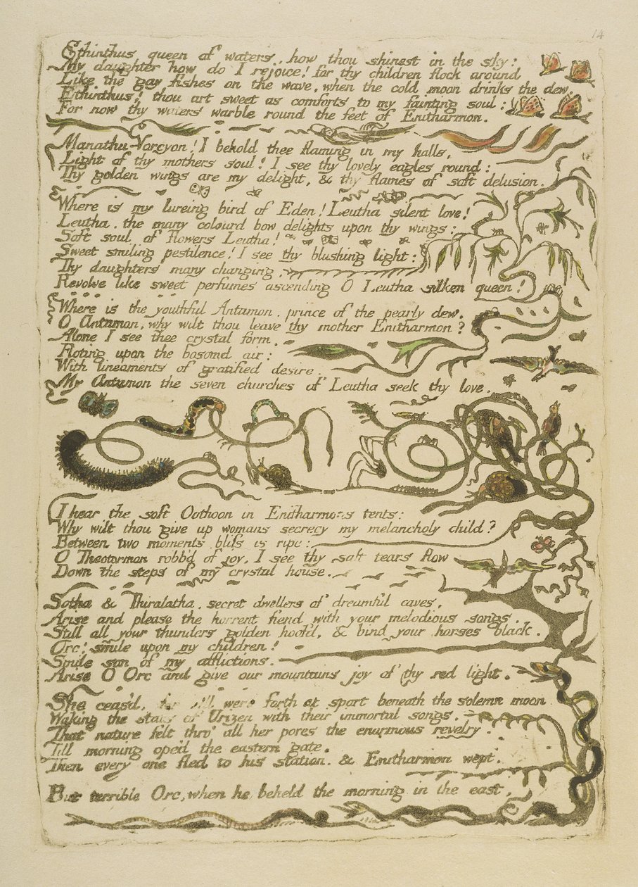 "Ethinthus královna vod...", deska 16 z knihy "Evropa. Proroctví", 1794 (reliéfní lept tištěný tmavě hnědou barvou s wc a olejem na papíře) od William Blake
