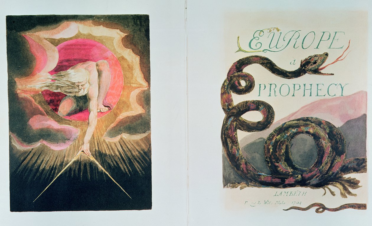 Evropa proroctví; Frontispis a titulní strana zleva doprava; Bůh tvořící vesmír (Stvoření hmotného světa Jehovou v masce Urizena, ztělesnění neimaginativního rozumu), od William Blake
