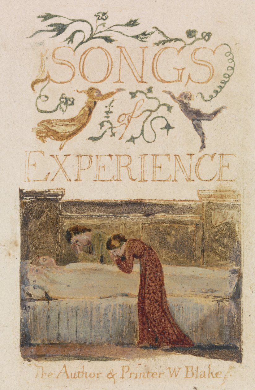 Zkušenost, titulní strana, forma Songs of Experience, 1794 (reliéfní lept akvarelem) od William Blake