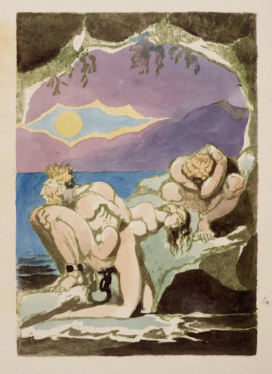 Postavy na skalách, nad nimi se v průtrži těžkých mraků objevuje slunce, z Visions of the Daughters of Albion, 1793 (reliéfní lept s wc) od William Blake
