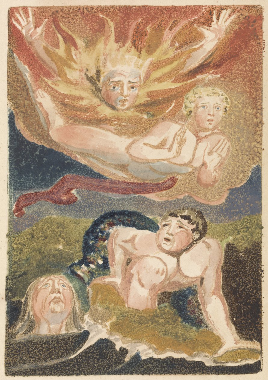 Čtyři nazí muži vycházející ze svých živlů: plameny, nebe, moře a zelená země, deska 22 z První knihy Urizena, 1794 (reliéfní lept s wc) od William Blake