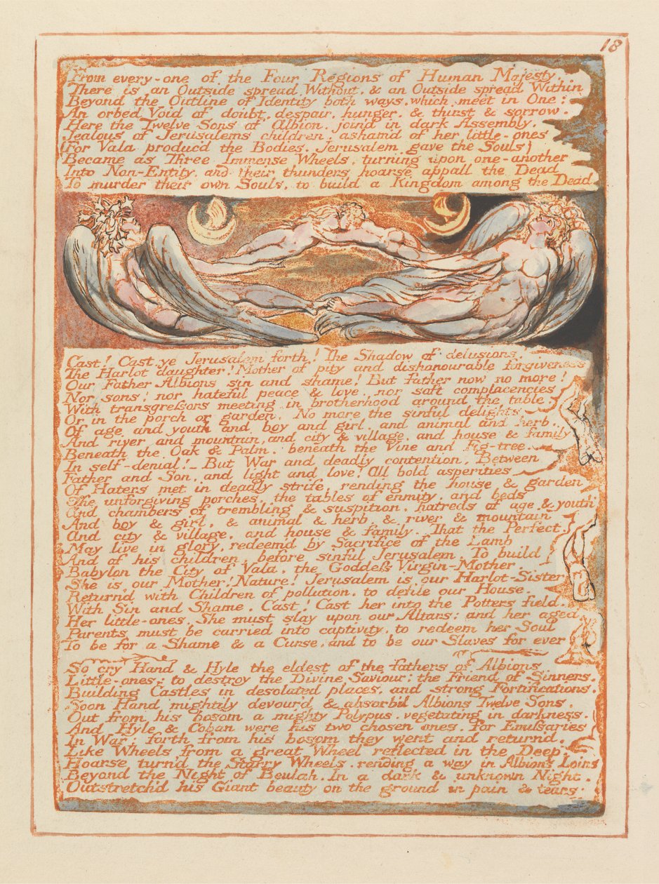 Z každého ze čtyř krajů..., deska 18 z Jeruzaléma, 1804-20 (reliéfní lept perem a wc na papíře) od William Blake