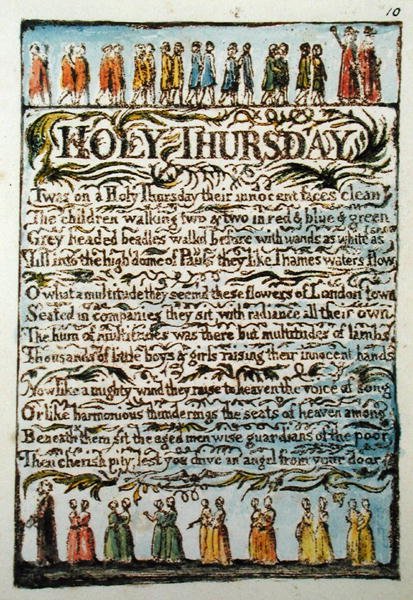 Zelený čtvrtek, deska 10 (Bentley 19) z knihy Songs of Innocence and of Experience (Bentley Copy L) 1789-94 (reliéfní lept s perem a čb) od William Blake