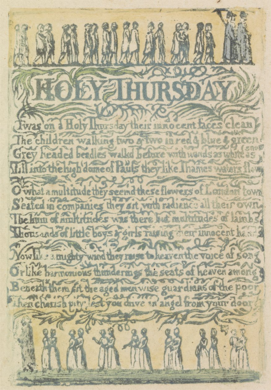Zelený čtvrtek, deska 24 z Songs of Innocence, 1789 (ručně kolorovaný reliéfní lept akvarelem) od William Blake