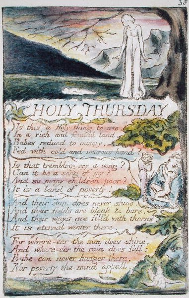 Zelený čtvrtek, deska 38 (Bentley 33) z Songs of Innocence and of Experience (Bentley Copy L) 1789-94 (reliéfní lept perem a wc) od William Blake