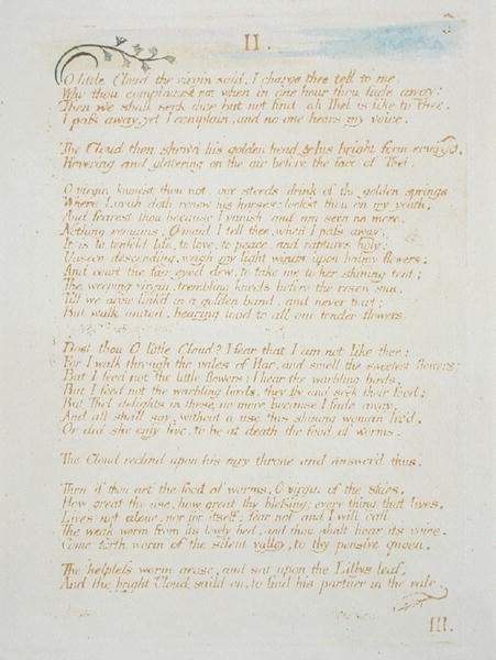 II O Little Cloud..., deska 5 z The Book of Thel, 1789 (ručně kolorovaný reliéfní lept s perem a wc na papíře) od William Blake