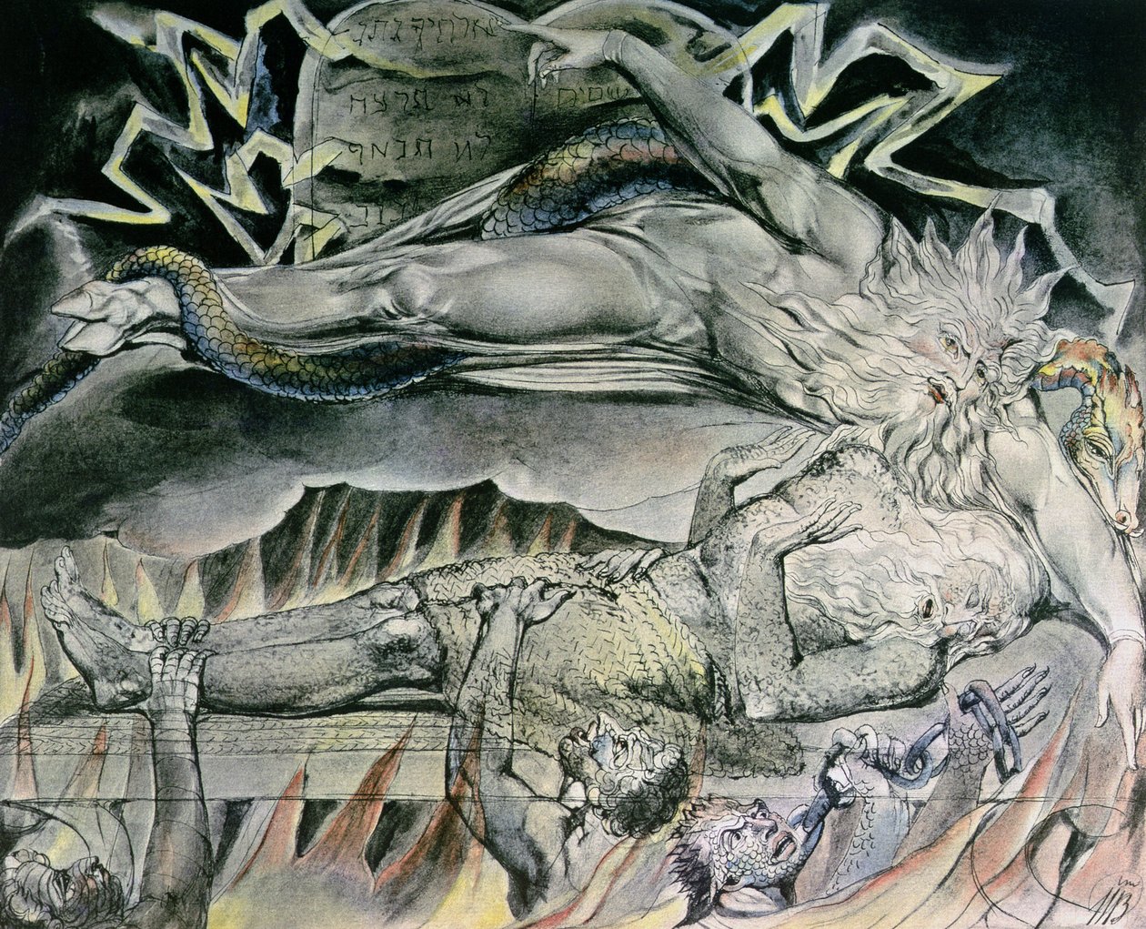 Ilustrace Knihy Job; Jobovy zlé sny ukazující Jobova Boha, který se stal Satanem s rozsekaným kopytem a propleteným hadem, ukazující na mozaikové desky zákona, 1825 (pero, wc nad od William Blake