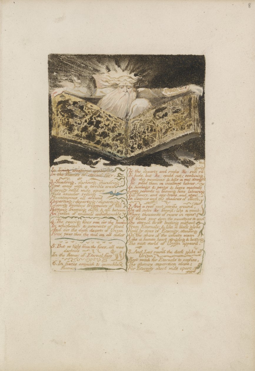 V živých výtvorech se objevil..., deska 8 z První knihy Urizena, 1794 (barevně tištěný reliéfní lept inkoustem a wc) od William Blake