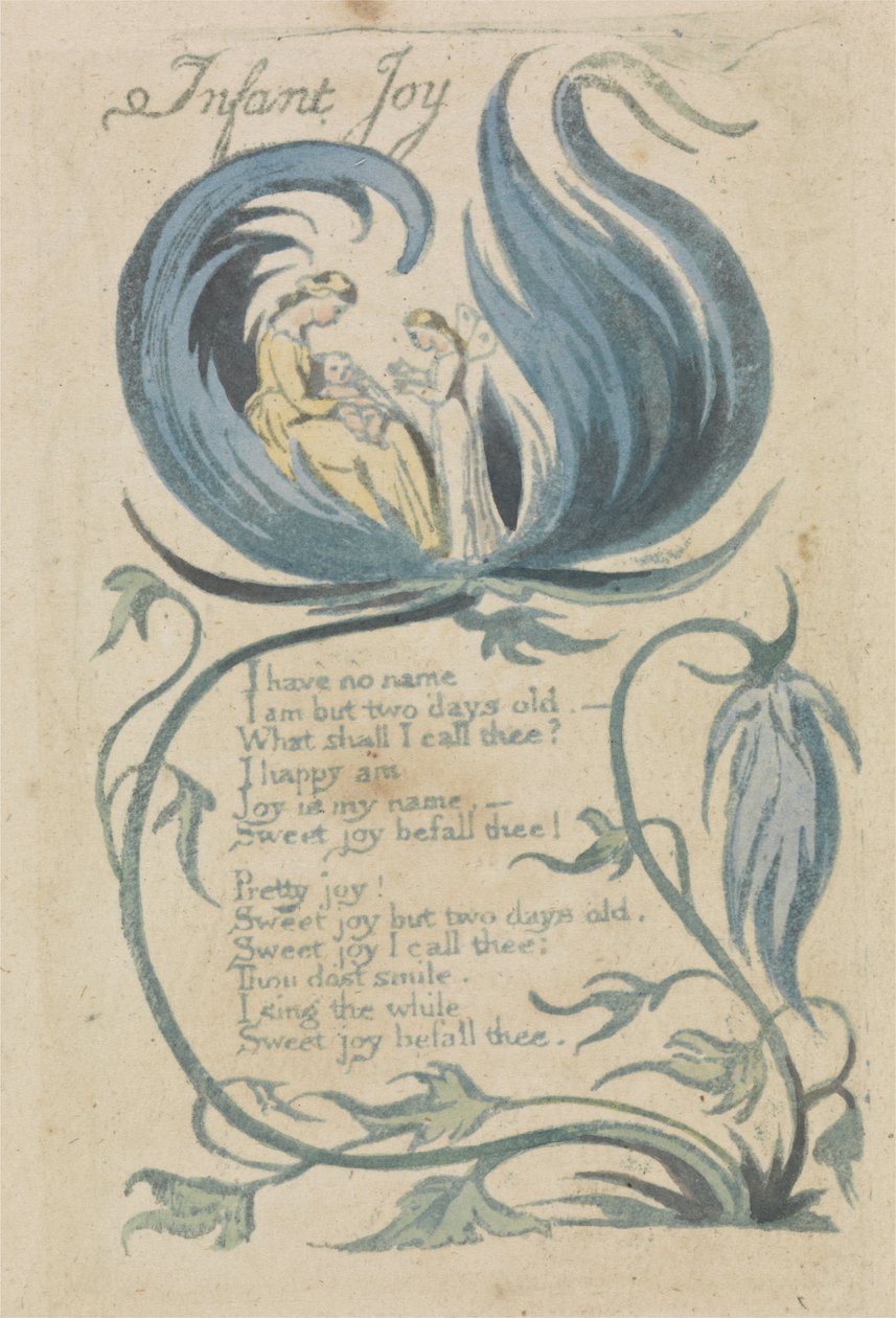 Infant Joy, deska 27 z Songs of Innocence, 1789 (ručně kolorovaný reliéfní lept s wc na papíře) od William Blake
