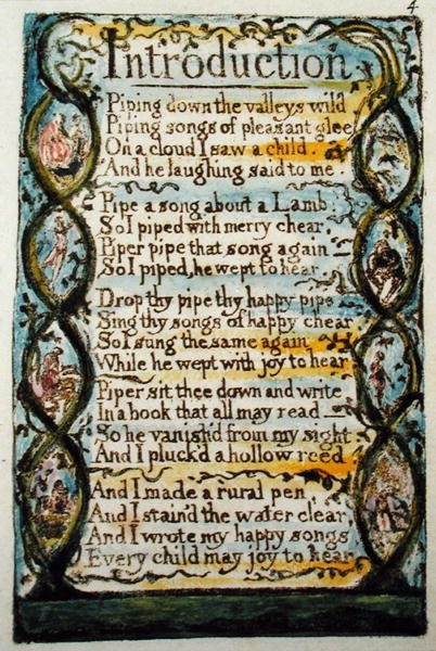 Úvod, deska 4 (Bentley 4) z knihy Songs of Innocence and of Experience(Bentley Copy L) 1789-94 (reliéfní lept s perem a čb) od William Blake