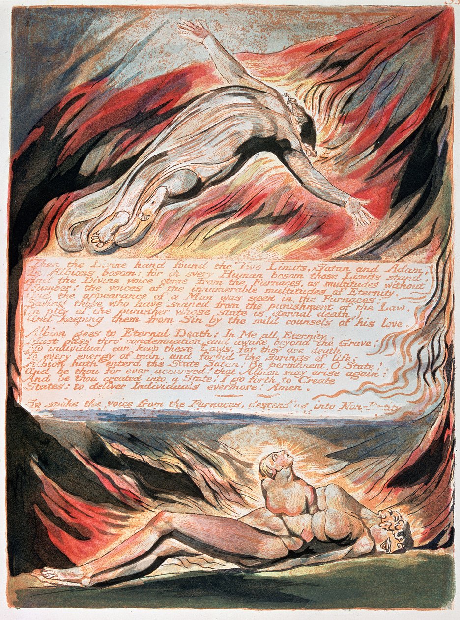 Jerusalem The Emanation of The Giant Albion; Potom Božská ruka ukazující Krista vznášejícího se nad Albionem, v jehož hrudi nalezla Božská ruka dvě meze, Satana a Adama, 1804 (reliéfní lept od William Blake