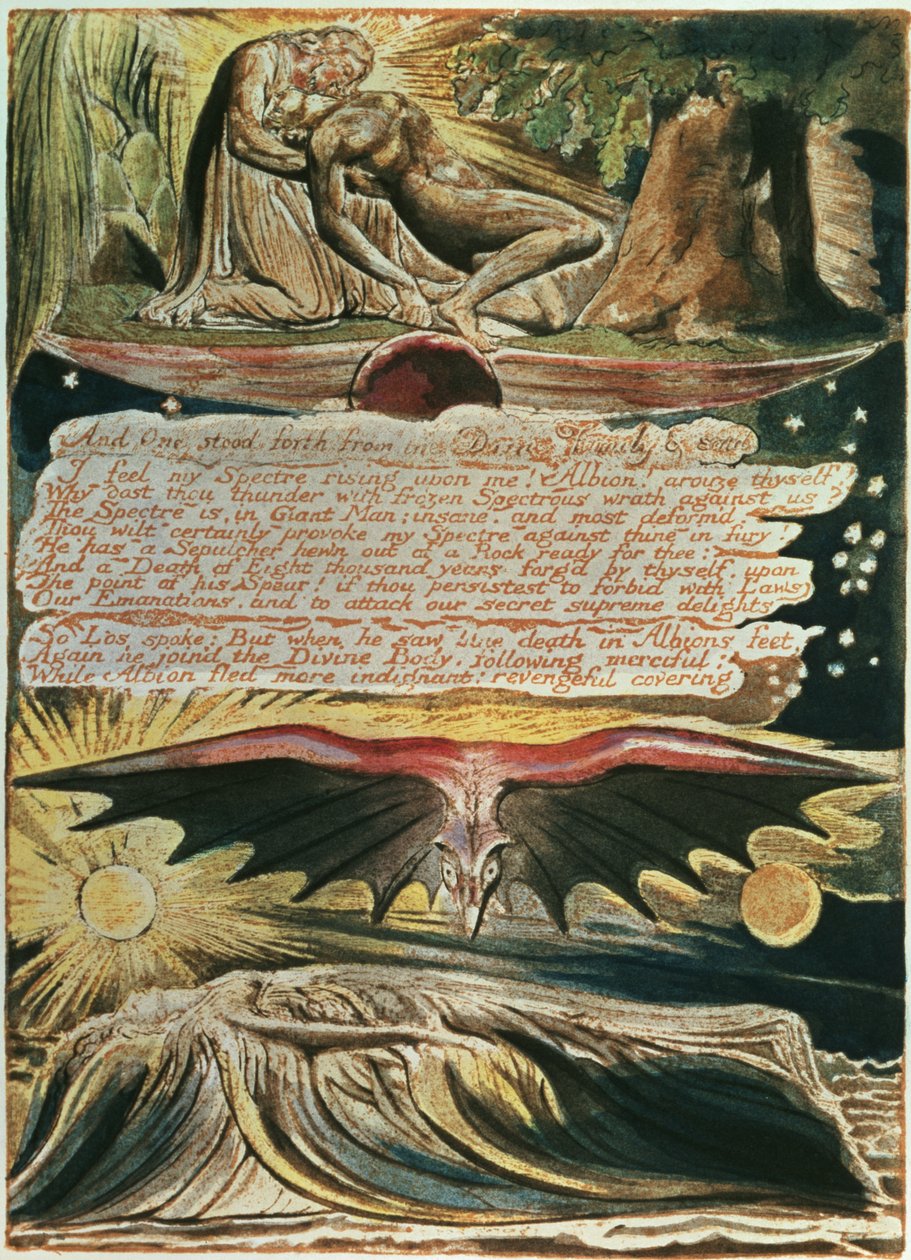 Jerusalem The Emanation of the Giant Albion: A Jeden stál vpředu, shora dolů, Los podporovaný Kristem; Albionův pohřeb v Supulcher, 1804, (reliéfní lept, bílá rytina, wc) od William Blake
