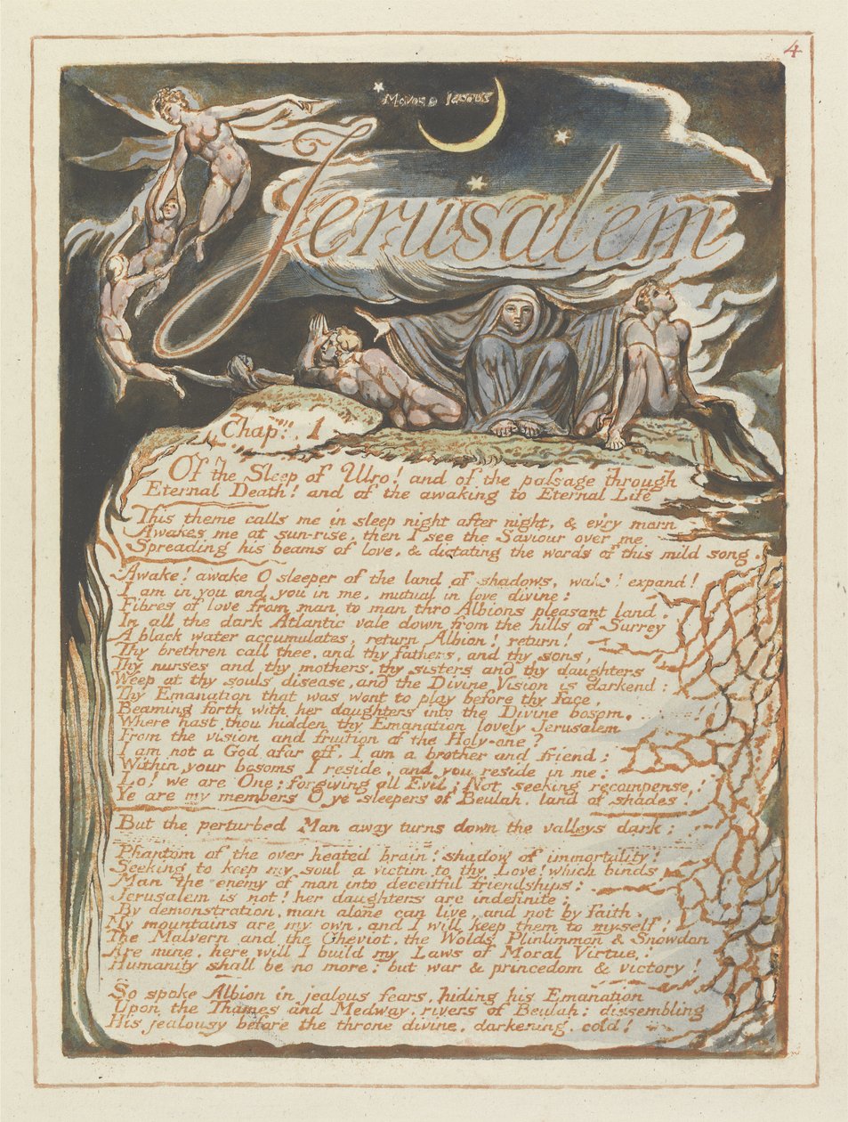 Jerusalem, deska 4 z Jeruzaléma, 1804-20 (reliéfní lept oranžově tištěný perem a wc) od William Blake