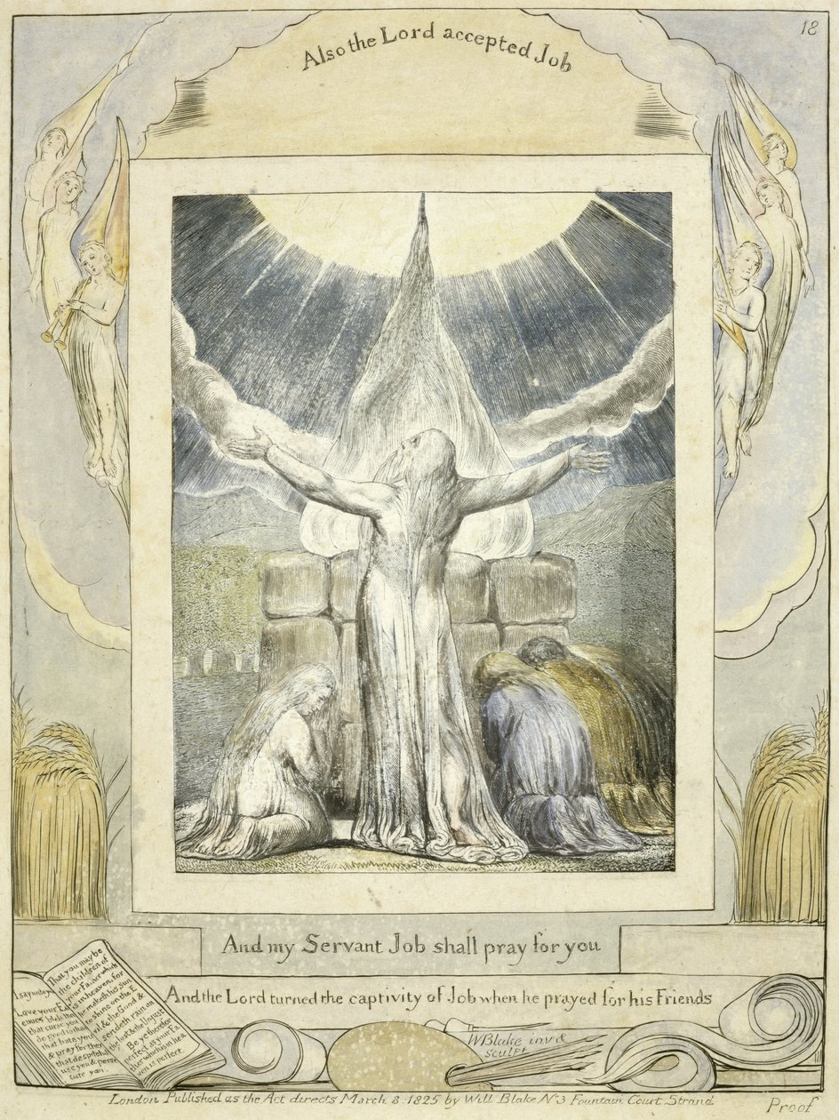Job Praying (pl.18) z Knihy Job, kolem roku 1793 (ručně tónovaná linková rytina) od William Blake
