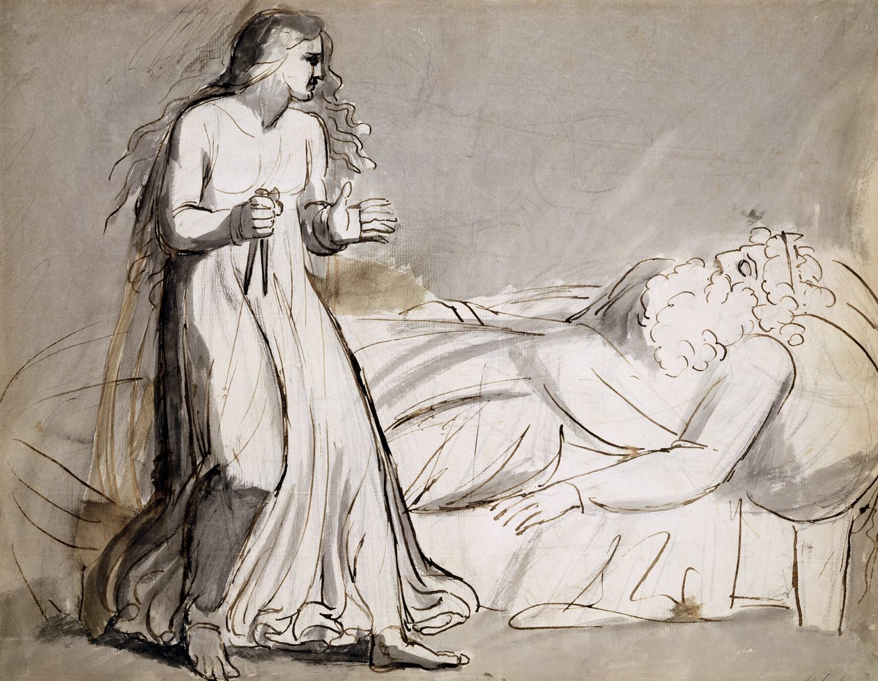 Lady Macbeth se blíží k zavražděnému Duncanovi (tuš a wash) od William Blake
