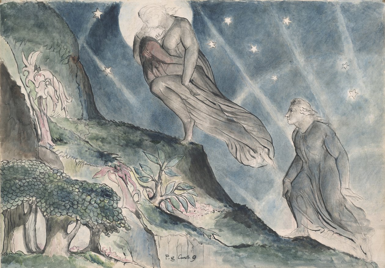 Lucia nesoucí Danta ve spánku, ilustrace k Božské komedii od Dante Alighieriho, 1824-27 (pero a inkoust s wc přes tužku a křídu na papíře) od William Blake