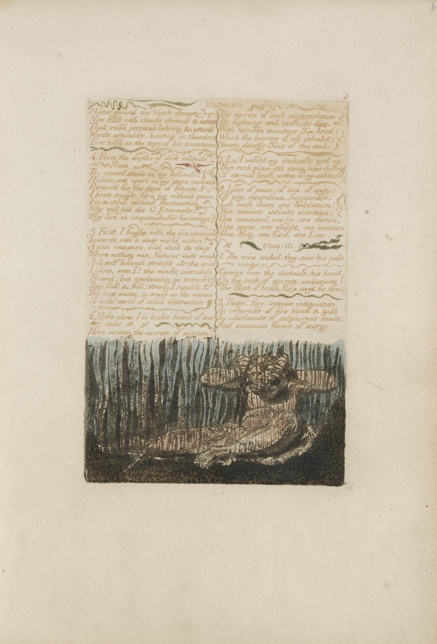 Vzor kolem bezútěšných pustin..., deska 6 z The First Book of Urizen, 1794 (barevně tištěný reliéfní lept s inkoustem a wc) od William Blake