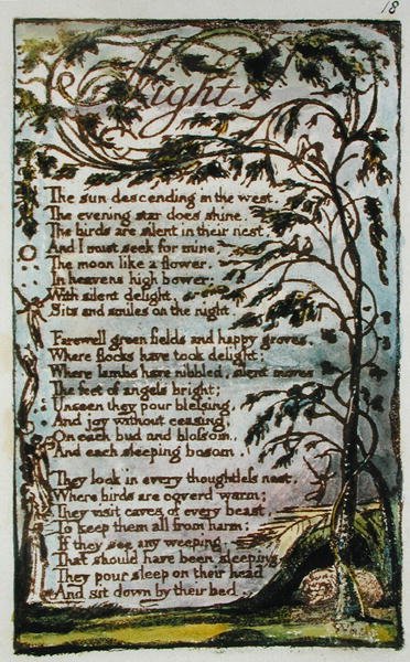 Night, ilustrace z Songs of Innocence and of Experience (Bentley Copy L) pl.18 (Bentley 20) 1789-94 (reliéfní lept perem a wc na papíře) od William Blake