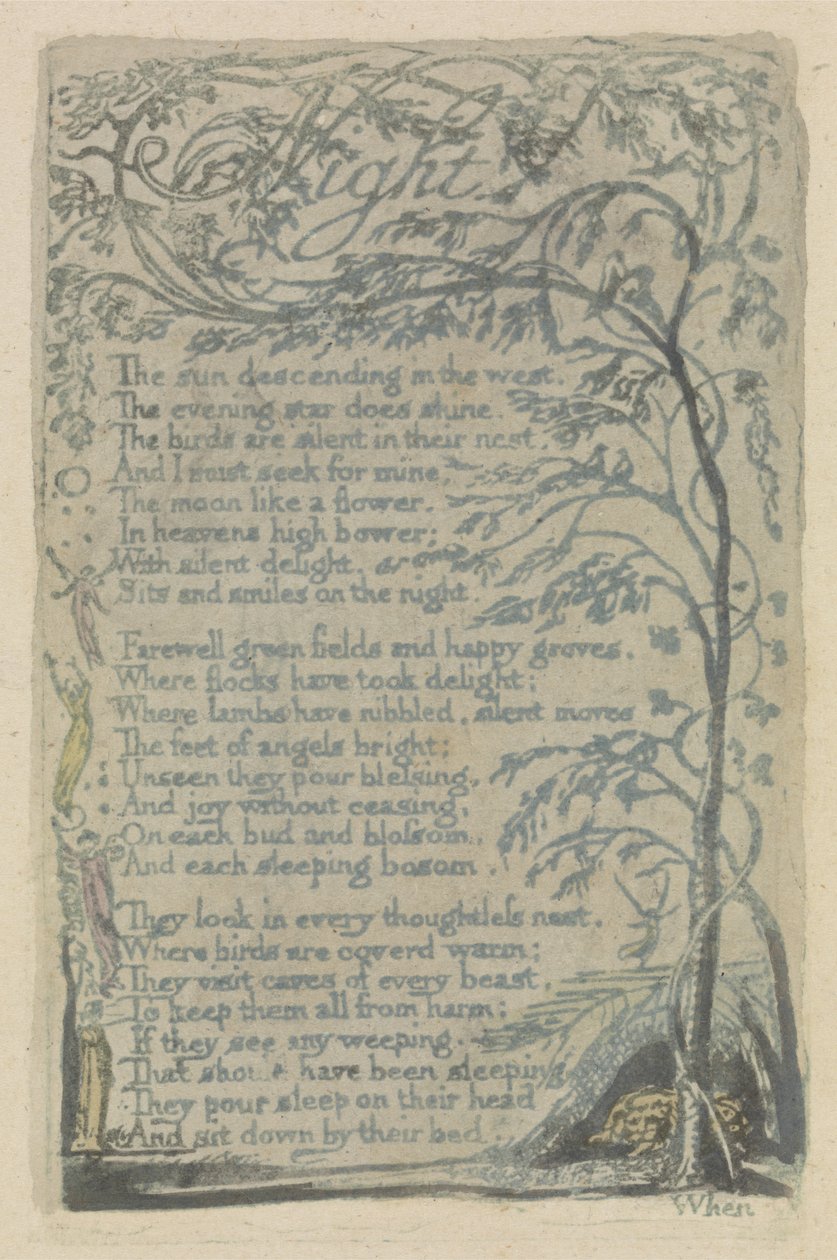 Noc, deska 29 z Songs of Innocence, 1789 (ručně kolorovaný reliéfní lept akvarelem) od William Blake