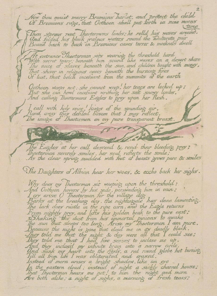 Nyní se ožeň, deska 4v z Visions of the Daughters of Albion, 1793 (reliéfní lept tištěný zeleně s wc) od William Blake