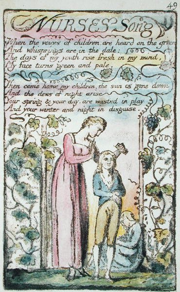Nurses Song, deska 49 (Bentley 38) z Songs of Innocence and of Experience (Bentley Copy L) 1789-94 (vyvýšený lept s perem a wc) od William Blake