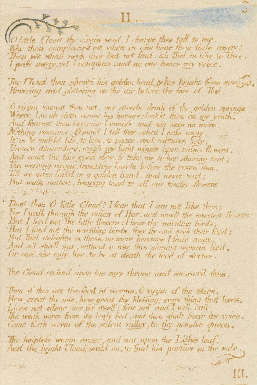 O little Cloud..., deska 5 z The Book of Thel, 1789 (reliéfní lept tištěný hnědě s wc) od William Blake