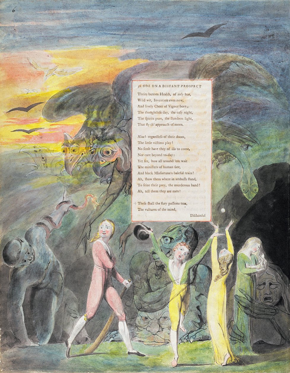 Óda na vzdálenou vyhlídku Eton College, z „Básně Thomase Graye“, vydané v letech 1797-98 (wc a černý inkoust na papíře) od William Blake