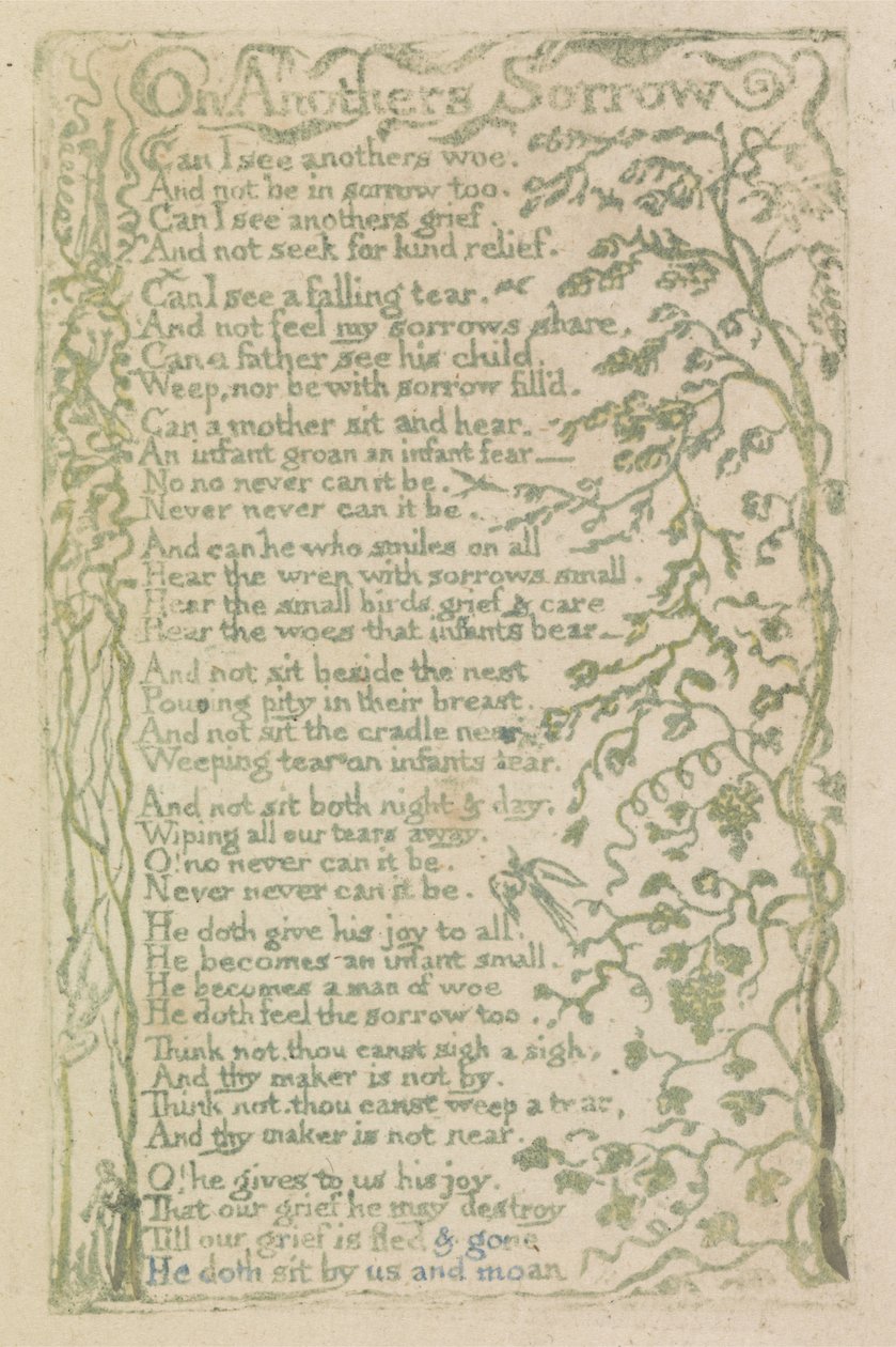 On Anothers Sorrow, deska 7 z Songs of Innocence, 1789 (ručně kolorovaný reliéfní lept akvarelem) od William Blake