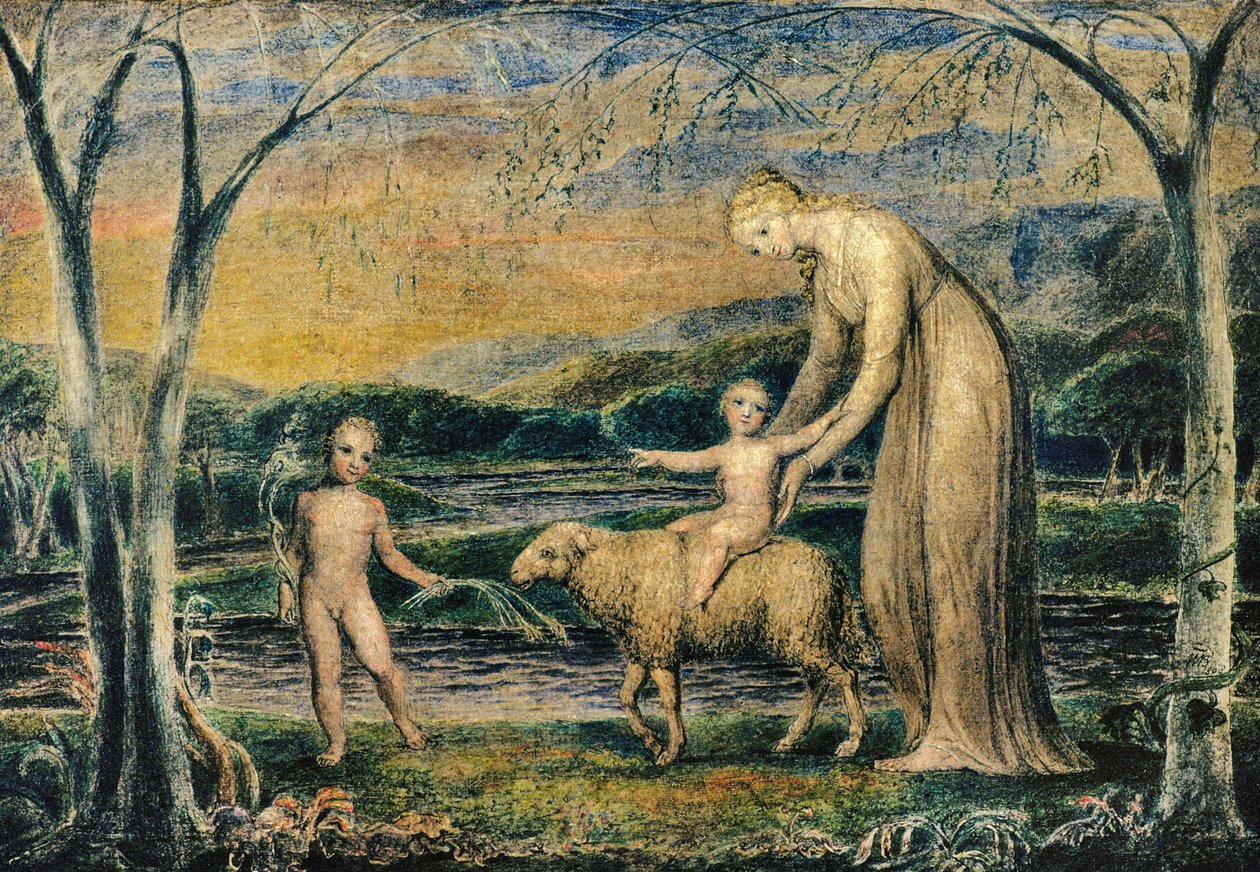 Panna Maria s Jezulátkem na koni se svatým Janem na beránku, 1800 (tempera) od William Blake