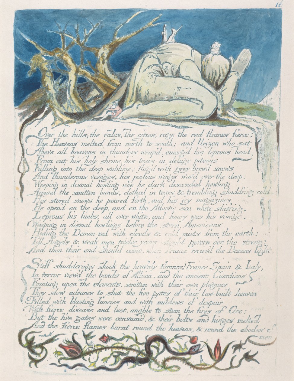 "Over the hills...", deska 18 z knihy "America: (reliéfní lept tištěný modře perem a tuší a čb), 1793. od William Blake