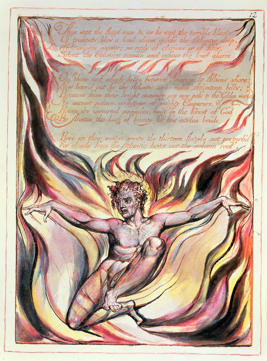 P.127-1950 Pt.12 Ork povstává, zahalen v plamenech revoluce, deska č. 10 z knihy "Amerika, proroctví", cca 1812 (reliéfní lept, pero a čb na papíře) od William Blake