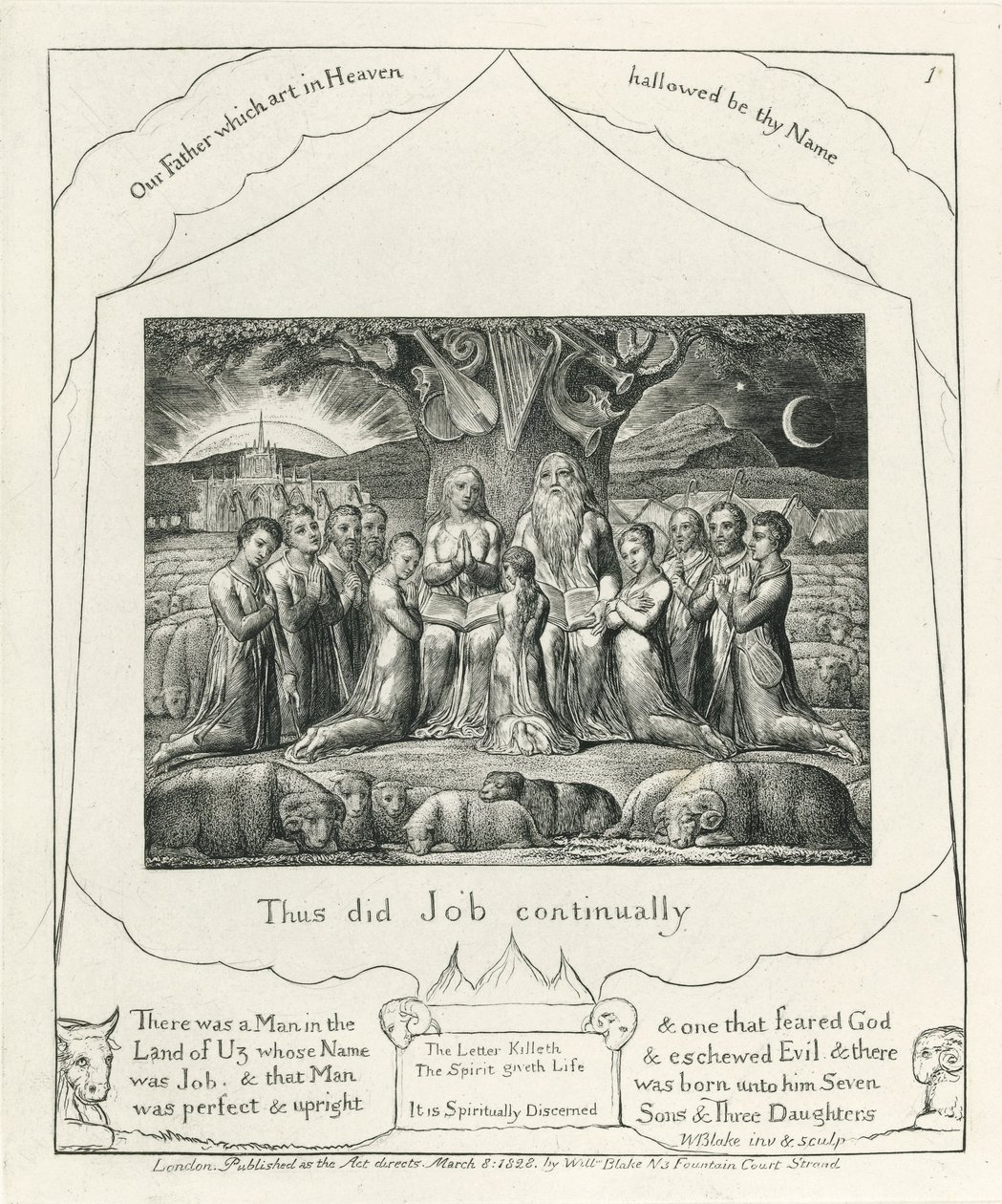 Deska 1, Job a jeho rodina, ilustrace z „Knihy Job“, kolem roku 1825 (černý uhlíkový inkoust na papíře) od William Blake