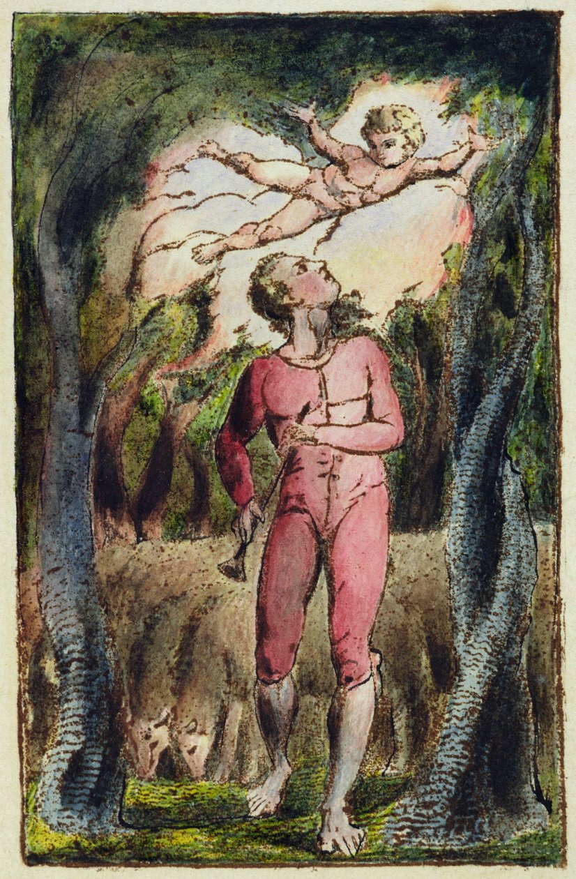 Deska 1 z knihy "Písně o nevinnosti a zkušenosti" (Bentley 2) 1789-74 (reliéfní lept s perem a čb) od William Blake