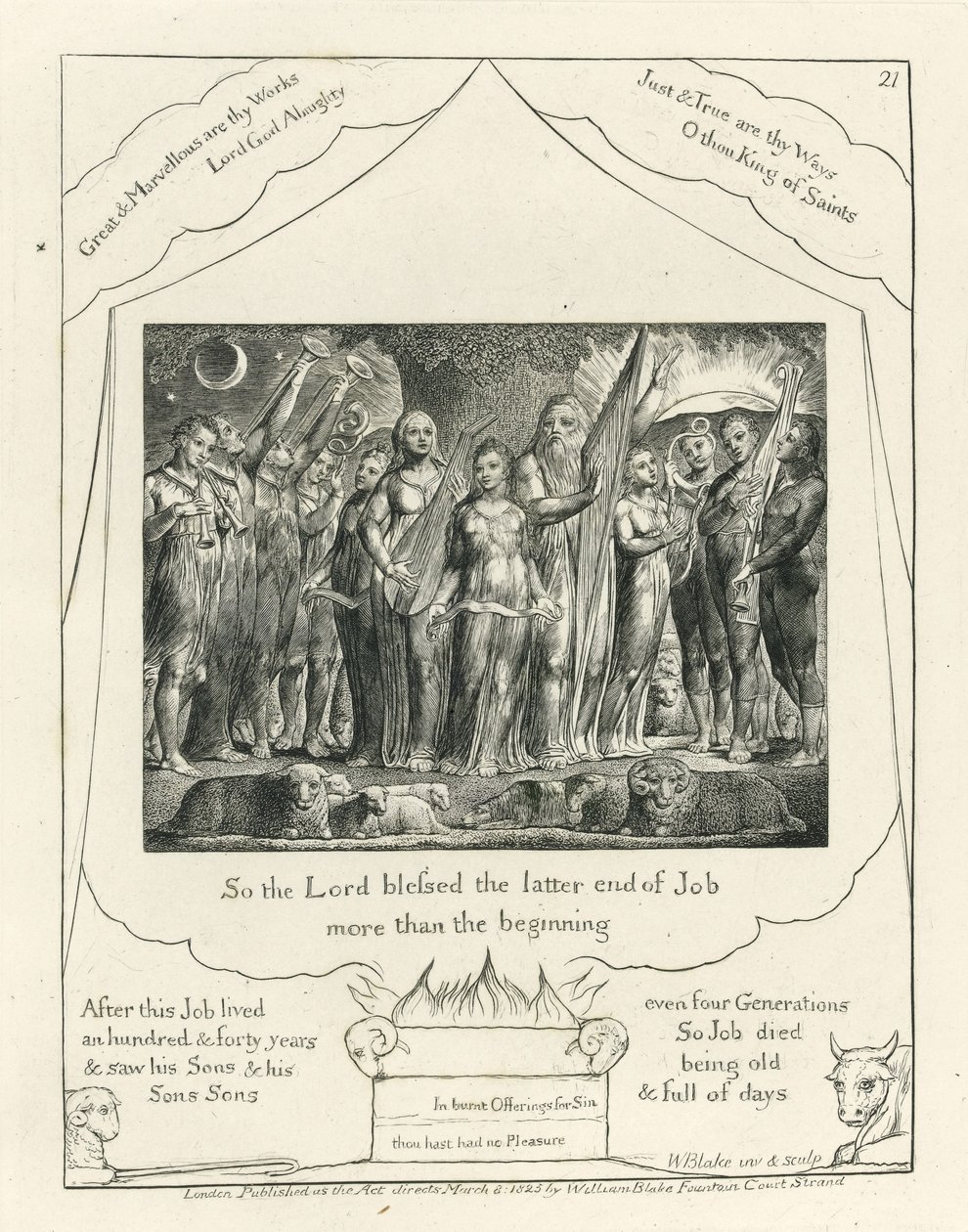 Talíř 21, Job a jeho žena obnoveni k prosperitě, ilustrace z „Knihy Job“, kolem roku 1825 (černý uhlíkový inkoust na papíře) od William Blake