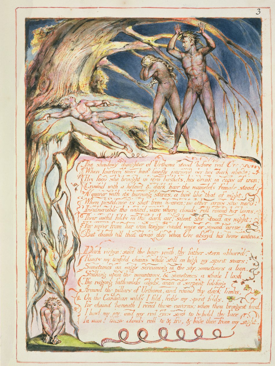 Preludium, deska 1 z knihy "Amerika, proroctví", 1793 (reliéfní lept a čb na papíře) od William Blake