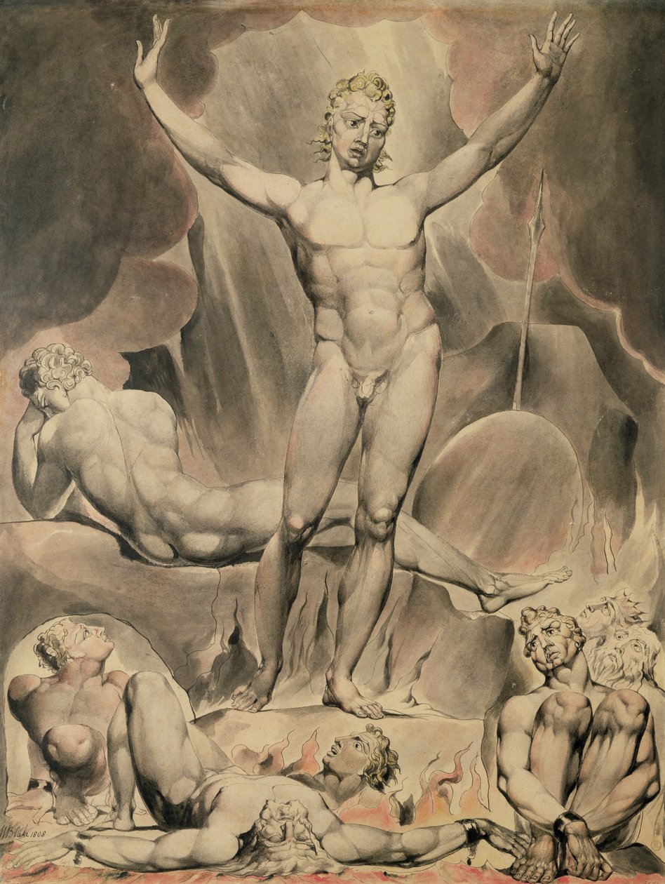 Satan vzbuzuje vzbouřené anděly, 1808 (pero a čb) od William Blake