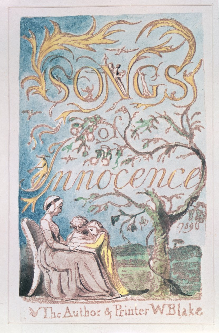 Písně nevinnosti; Titulní strana, 1789 (reliéfní lept tónovaný akvarelem) od William Blake