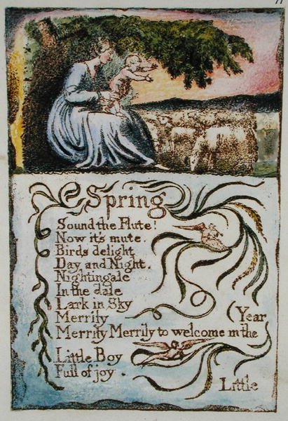 Jaro, ilustrace z Songs of Innocence and of Experience, (Bentley Copy L) pl.11 (Bentley 22) 1789-04 (reliéfní lept perem a wc na papíře) od William Blake