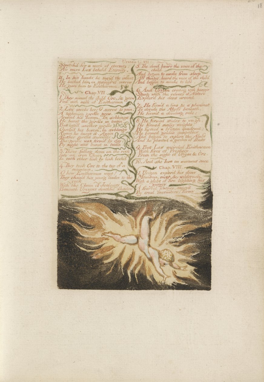 Nataženo pro dílo věčnosti..., deska 22 z První knihy Urizena, 1794 (barevně tištěný reliéfní lept inkoustem a wc na papíře) od William Blake