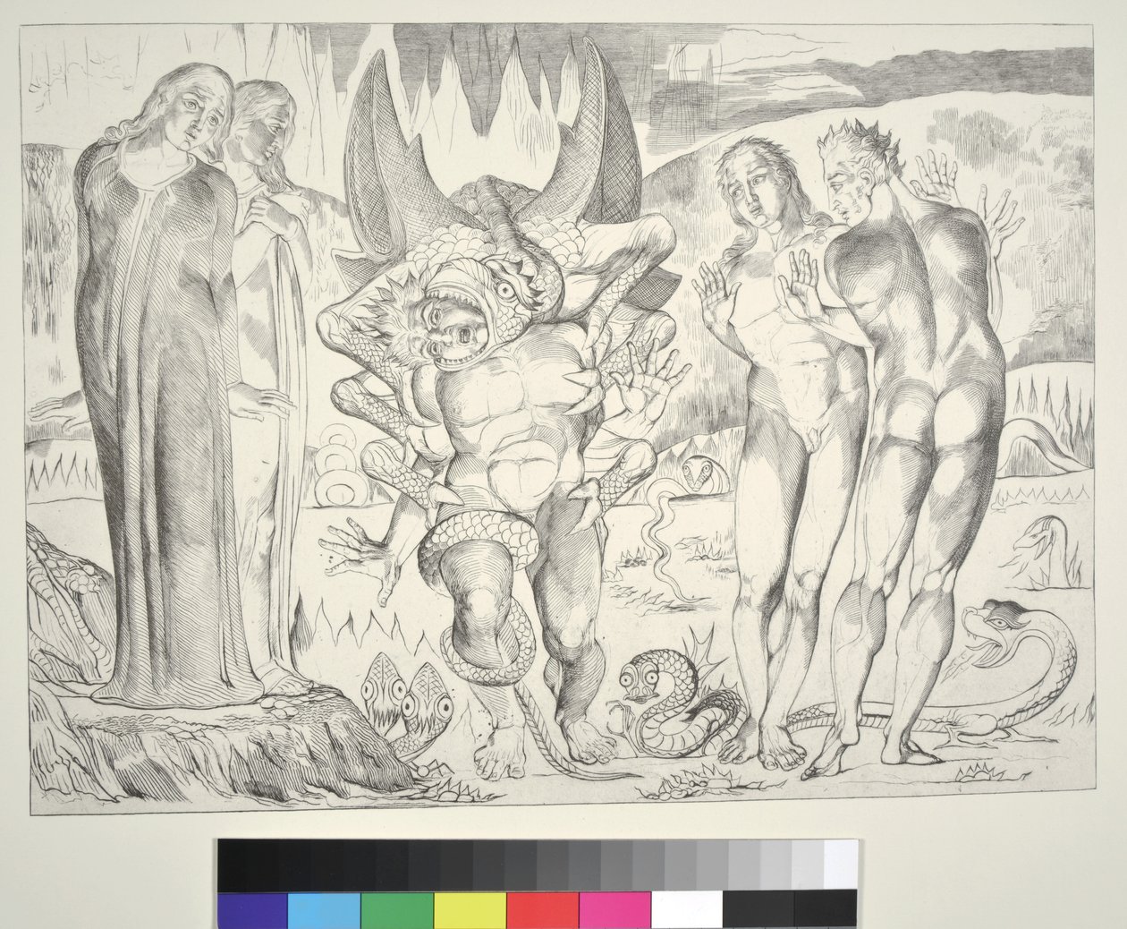 Kruh zlodějů: Agnolo Brunelleschi napaden šestinohým hadem, Inferno, Canto XXV, ilustrace k 