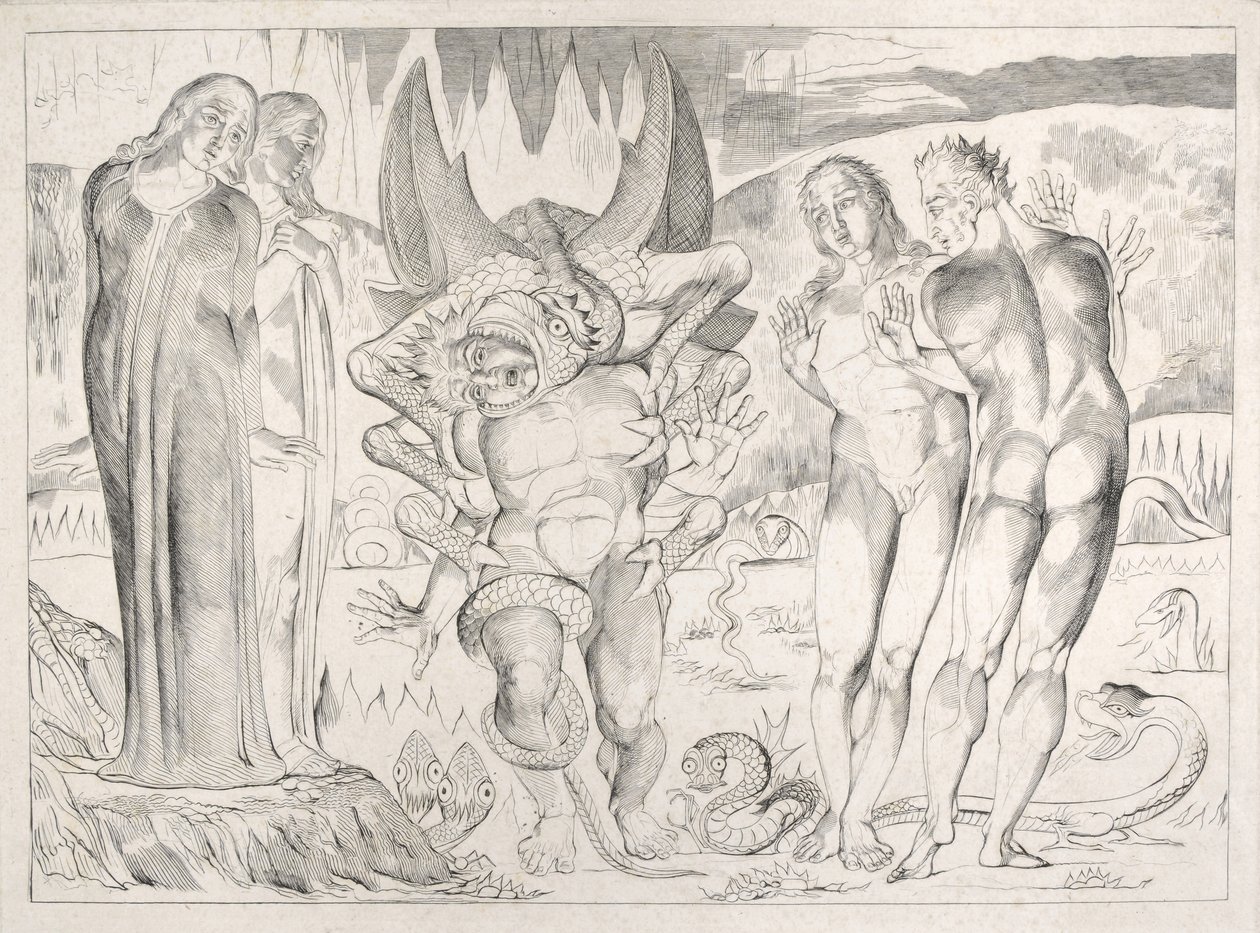 Kruh zlodějů: Agnolo Brunelleschi napaden šestinohým hadem Inferno, Canto XXV, ilustrace k "Božské komedii" od Dante Alighieriho, 1827 od William Blake