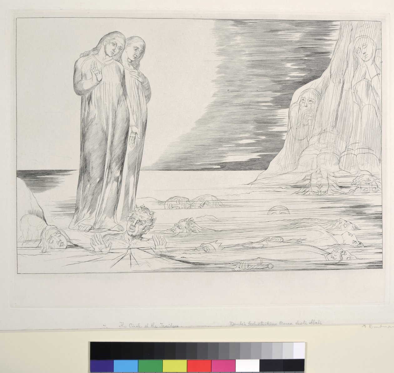 Kruh zrádců: Danteho noha zasáhla Bocca degli Abbate, Inferno, Canto XXXII, ilustrace k „Božské komedii“ od Danteho Alighieriho, 1827 od William Blake