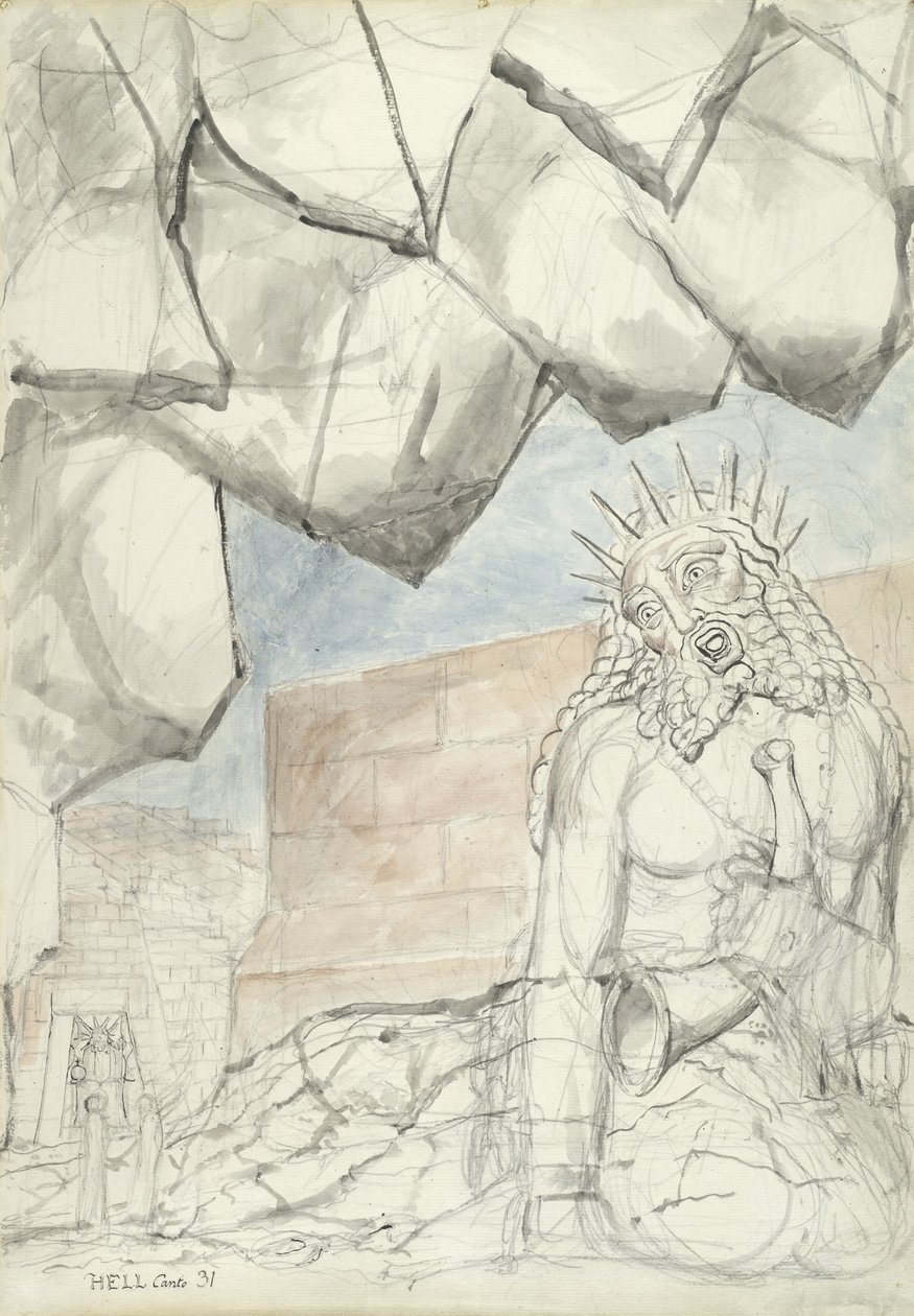 Stížnost obřího Nimroda, ilustrace k Božské komedii od Dante Alighieriho, 1824-27 (pero a inkoust s wc přes tužku a křídu na papíře) od William Blake