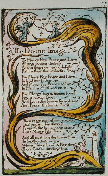 The Divine Image, ilustrace z Songs of Innocence and of Experience (Bentley Copy L) pl.27 (Bentley 18) 1789-94 (reliéfní lept perem a wc na papíře) od William Blake