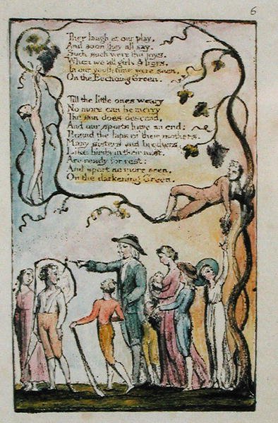 The Echoing Green, deska 2 (Bentley 7) od Songs of Innocence and of Experience, kolem 1789-94 (reliéfní lept perem a inkoustem a wc) od William Blake